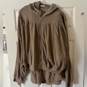 Aerie Taupe Knit Crop Zip-Up and Wide-Leg Pant